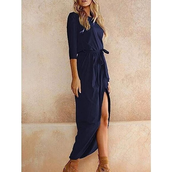 Qearal Dresses & Skirts - Qearal Women 3/4 Sleeve Belted Dress Elastic Waist Slit Long Maxi Dress XS New